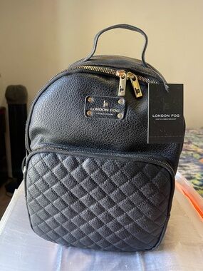 London Fog Black Quilted Nylon Backpack with Adjustable Straps and Gold Detail